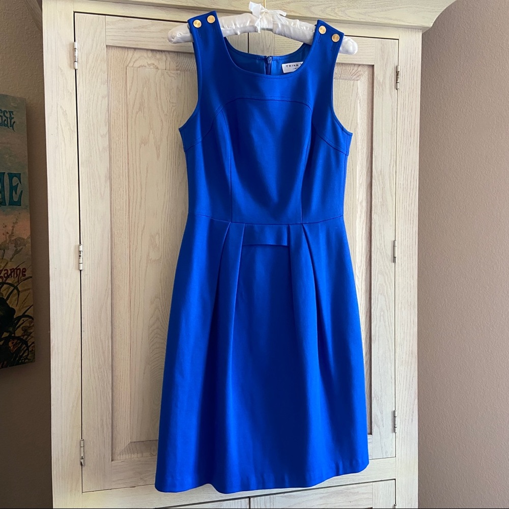Trina Turk Blue Sleeveless Knee-length Dress with Gold Buttons | Size 4